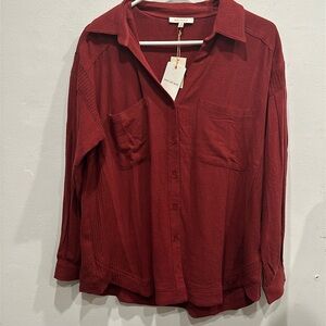 skies are blue button down long sleeve mixed media burgundy shirt sz medium NWT